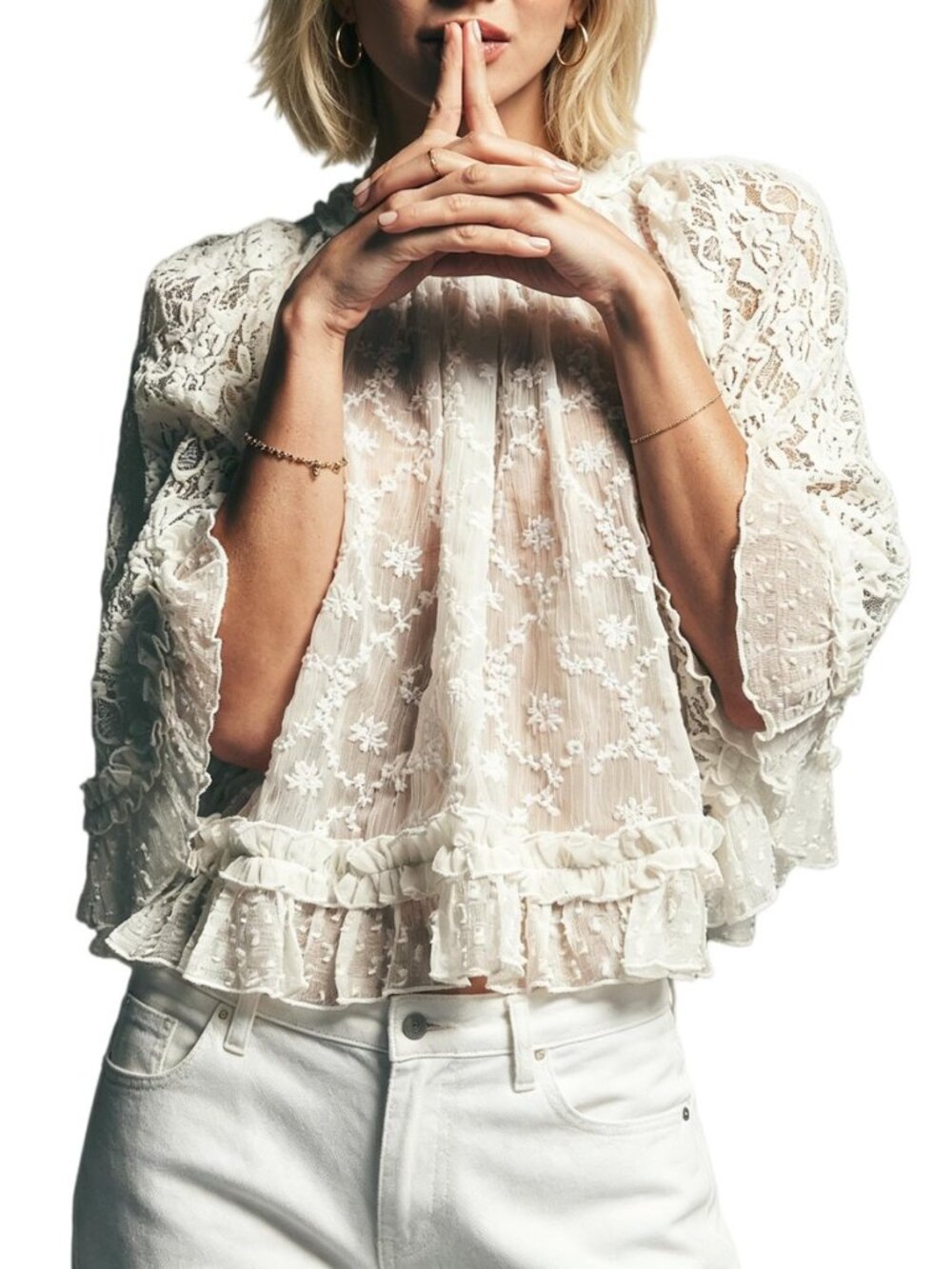 Women Lace Cape Flowy Top Ruffle Trim See Through Sheer Poncho Top Cover Up Sexy